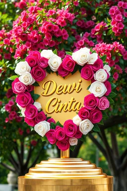 hyper realistic image of a vibrant heart shape of magenta and white roses in a circle arrangement, In the center of the heart, there is a golden plaque that says details text "Dewi Cinta " in large golden cursive letters, . The entire composition is placed on a golden base, the lush green tree background with vibrant colorful flowers gives a touch of elegance and luxury. ultra HD 64k hyperrealism