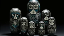 A dark bluish black dark isles filled with gloom designed in Matryoshka dolls painted by Pablo Picasso