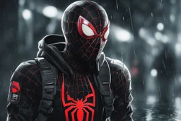 Miles morales in 8k nier automata drawing style, spider man them, cinematic mood, neon effect, close picture, rain, highly detailed, high details, detailed portrait, masterpiece,ultra detailed, ultra quality
