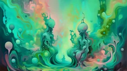 surreal and dreamlike, Two transcendent, spectral creatures with otherworldly, metaphysical qualities in a visionary, abstract composition, sophisticated muted-green color scheme, saturated, pastel, dreamy atmosphere, liquid psychedelic