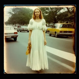 old Autochrome photo with black frame, Young Singer Michelle Phillips in 1900s, in the street; long white hippie dress,