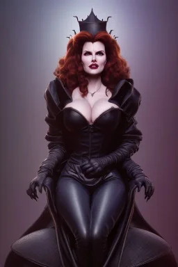 Geena Davis as evil queen in black leather, leather, busty, cleavage, angry, rage, stern look. character design by cory loftis, fenghua zhong, ryohei hase, ismail inceoglu and ruan jia. unreal engine 5, artistic lighting, highly detailed, photorealistic, fantasy