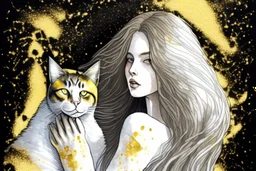 long haired woman with cat, white watercolor and black ink, golden glitters