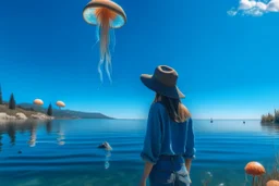 woman standing next to a lake looking at flying mushrooms, with jellyfish tenacles in a blue sky