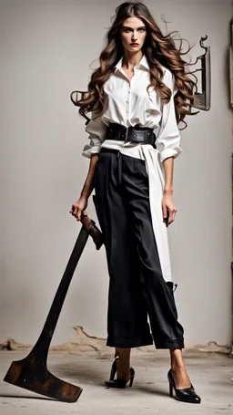 Full body athletic Ukraine female with black wide leg pants, white blouse, face made of a Greek sculpture , long hair, holding a trench cleaver, flat leather pouch on belt, thick heeled shoes