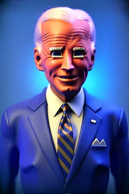 Waist up Portrait, joe Biden as muppet doll, Blue suit retro style, photo studio, blue background, unreal engine 5, concept art, art station, god lights, ray tracing, RTX, lumen lighting, ultra detail, volumetric lighting, 3d.