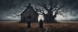 Hyper Realistic Haunted Chapel between a Field & dry old tree at rainy night with a headless man