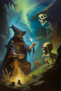 1970's dark fantasy cover dnd style oil painting of a hobo human wizard fighting a specter skeleton with minimalist far perspective. All smoking weed.