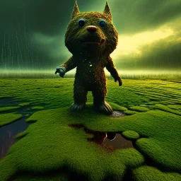 hyperrealistic shot, rusting and moss covered giant mascot, earth color palette, sharp focus, puddle reflection, water splash, refraction, bats flying, rain and lightning on the horizon, shadowcast, detailed and intricate, cinematic composition, tilt shift photography