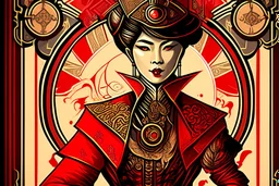 Stylized Asian Steampunk aristocrat, In the style of Tarot and Art Deco, Red colours