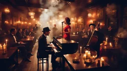 photo from an (authentic American jazz pub 60s style), a ((man in hat and dark suit playing on the piano)), and a beautiful (woman singing next to men in 60s fashion red dress), warm lights, cigarette smoke, wooden tables with guests, intricately detailed, sharp focus, cinematic