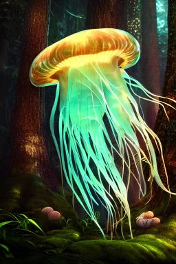 Portrait d'une meduse animal , gigantesque, magnifique, dans un monde féerique, une forêt enchanté, angle parfait, hdr, 16k, octane effect, très détaillé, très intriqué, très réaliste, rendering 3d, unreal engine