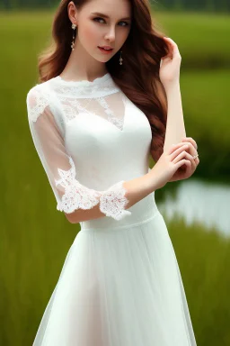 full shot body of Woman portrait with fairly pale skin , green eyes, long auburn hair, and wearing a pretty lace dress . Her outfit is a sexy dress , nice sport shoes. country side ,small lake with a hose in side,