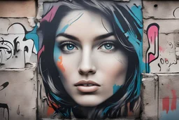 beautiful female face in graffiti on old wall
