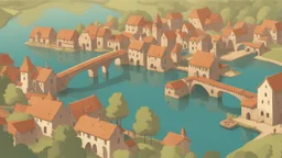 medieval village on a lake with bridges, people, balconies, trees