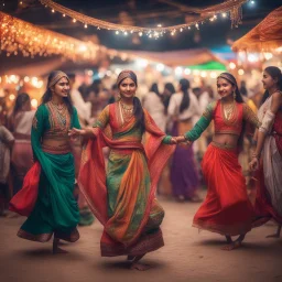 Hyper Realistic cultural Pushto girls doing traditional dance with traditional desi cloths in a cultural market with other people & lights