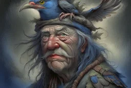 a painting of an old man with a bird on his head, a character portrait by Wendy Froud, cgsociety, fantasy art, storybook illustration, grotesque, detailed painting