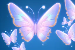 gold background, rise of five soft transparent blue and pink butterflies