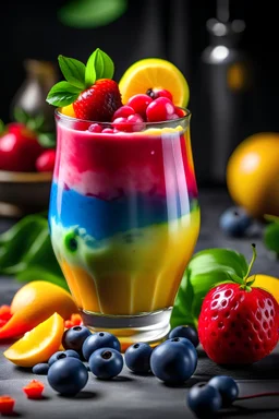A picture of a colorful smoothie with fresh fruit and ice.