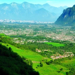 large city in the green valley between the mountains