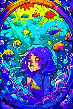 A purple-haired girl locked in a bubble under the sea, with sharks and demon fish, scared, dark sea-colored background, only a few flashes of colorful fish around the bubble