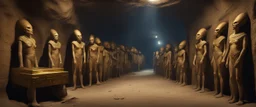 Hyper Realistic aliens inside Egyptian catacombs with lots of gold & pharaoh coffins at dark night