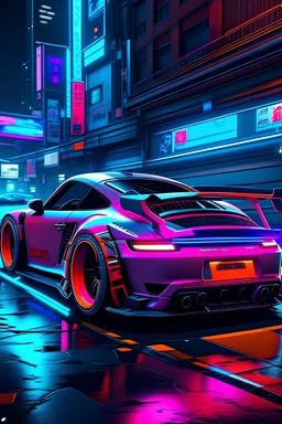 A futuristic version of a Porsche 911 GT3 RS navigating the neon-lit streets of a cyberpunk-inspired Wall Street. The car is equipped with glowing neon accents and advanced technology, fitting seamlessly into the high-tech cityscape. Hovering drones and holographic advertisements populate the sky, adding to the gritty, dystopian atmosphere. The style is cyberpunk, blending futuristic elements with gritty urban realism. Neon lights, reflections, and digital effects enhance the high-tech aestheti
