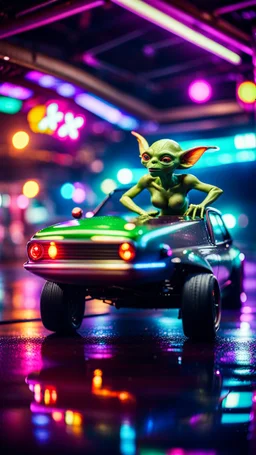 sexy dragster stunt alien gremlin on the car roof posing on a hipster car parked in dark neon lit reflective wet arcade hall tunnel,bokeh like f/0.8, tilt-shift lens 8k, high detail, smooth render, down-light, unreal engine, prize winning