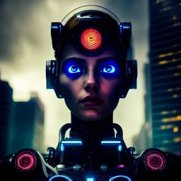 fullbody portrait,beautiful female robot, ominous, intense stare, sad eyes, post-apocalyptic in a cyberpunk city, masterpiece, realistic, intricate detail, sci-fi fantasy style, volumetric lighting, particles, highly detailed ,cinamatic , deep colours,8k, by Caravaggio