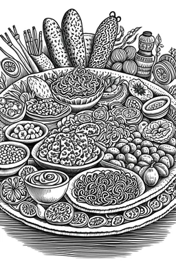 an illustration made by composing different nepalese food cusines in black and white like it was made with marker