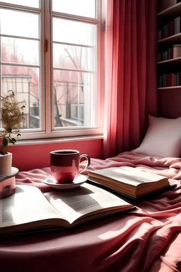 PinkRoom , bed , tablet , cup of coffee , books , big window