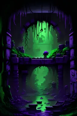 An animated 2d platformer of an apocalyptic sewer, dark and creepy with accents of purple and green