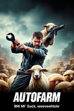 "Design a 90s-style action movie poster titled 'AUTOfarm.' Feature a heroic mechanic in the foreground, fiercely battling thousands of adversaries with a spanner. In the background, include a determined sheep wielding a machine gun. Capture the high-energy, gritty aesthetic of classic 90s action films, with intense and dynamic elements. Prominently display the subtitle ' BMI Suck weeweehhole' in bold, impactful lettering."