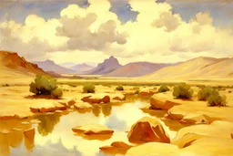 Arid land, clouds, mountains, rocks, puddle, vegetation, john singer sargent impressionism painting