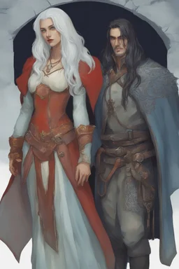 A couple, from the dnd game curse of Strahd. The woman has long white hair and blue eyes, the man has LONG BLACK hair and red eyes, no facial hair. He is standing protectively behind her.