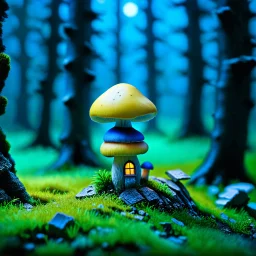 "Close up of a wonderful tiny Mushroom Tower home. blue and yellowwith bright white, deep black and contrasting tones of gray. Illuminated bioluminescent forest. Professional painter, master at composition. small but detailed. broken, blurred background, voluminous lighting"