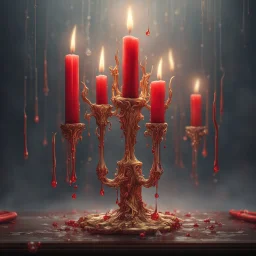 Red candles on a three-armed gold candlestick, dripping wax. Illustrative art, art interpretation, concept art, cgsociety contest winner, seasonal art, seasonal art HD, 4k, 8k, intricate, detailed, intricately detailed, luminous, translucent fantasy crystal, holographic data, soft body, shadow play, light, fog, atmospheric, cinematic, light film, hyper-detailed, hyper-realistic, masterpiece, atmospheric, high resolution, 8k, HDR, 500px, mysterious and artistic digital art, phototic, intricate, f