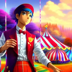 ringleader, Arthur Kulkov face shot, front, handsome, circus, male, Makoto Shinkai background, Russian, lisa Frank fantasy, detailed matte painting, 8k resolution, Golden hour, interesting detailed storybook fantasy