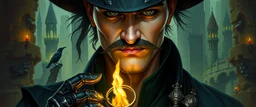 Artemis Entreri, oil paint and airbrush, upper body portrait of clever crow vintage mustache assassin thief quickling juggler man with Damascus steel sacrificial poison ring in then elven magical green city of Forgotten Realms, myth drannor