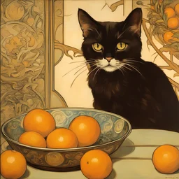 A cat with a bowl of oranges on the table painted by Alfons Mucha