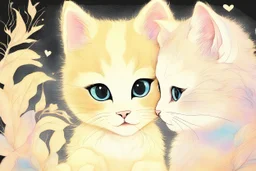 extreme cuteness, closeup, flowercut, shiny metallic pastel watercolor, black light art, golden glitter outlines, double exposure, merged layers, heart and love, A cute chibi mohair 3D happy cat mother watching her child take their first steps toward independence, pride and worry mixing in their eyes, S<AI in sunshine, ethereal, cinematic postprocessing, black background