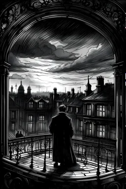 The court was very cool and a little damp, and full of premature twilight, although the sky, high up overhead, was still bright with sunset. Victorian London, black and white. A man behind a window, pencil sketch, damp ground.