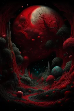 epic, fabulous, space, red hyperrealism, microdetalization, surrealism, drawing details, clear outline, color illustration, aesthetics, stardust, mystical landscape, curved trees, dark botanical, dark fantasy, multicolor, detailed, 3d, threads, fibers, star map, aesthetics of horror, black, gold, green neon, white, moon, forest, lake, ambient clarity, volumetric, swirls in the sky, fog, white haze, crystals, black and red sky, hyperdetalization