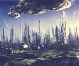 A Spaceship is taking off,Space Center on a heavy industrialized planet with a futuristic city in the background, (retrofuturistic:2), art by John Berkey, buildings with glass facades, brutalist architecture, insanely detailed, vibrant, 8k uhd, cinematic atmosphere, ultra-wide angle, street level view, brush strokes, blue sky with clouds, sharp focus