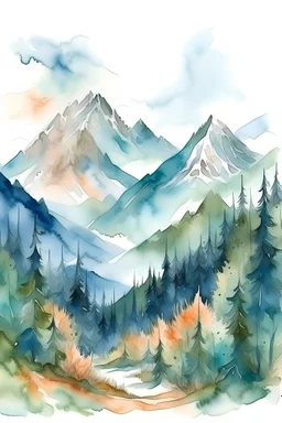 T-shirt design, watercolor painting of trees and mountains, a painting environmental art, detailed painting, painterly, artwork