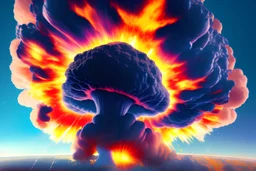 Create a huge explosion seen from space of a humanoid android exploding. Make the explosion cloud like a mushroom from nukes