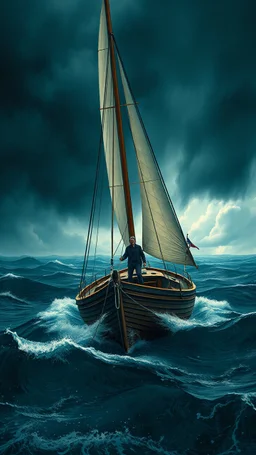 Bosch painting style nightmare in 3D , a man on a sailings boat in storm holding the saline rope background, high Quality picture , 8k