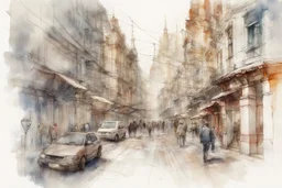 City sketch, watercolor, white background, vibrancy of watercolor wash, highly detailed, with sharp focus and smooth transitions. Carne Griffiths, Wadim Kashim, Carl Larsson, Pascal Blanche, golden ratio, masterpiece, trend on CGSociety and Artstation, bottomless, impressive, something that does not even exist, textures, iridescent scales and luminescent, impressive beauty, pure perfection, divine presence, unforgettable beauty, impressive, impressive, volumetric light, auras, rays, reflections