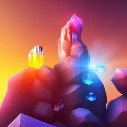 photograph of a (one massive colorful crystal:1.2) growing out of the rocky mountain, (focus on crystal:1.2), 4k, 8k, (highly detailed), ((landscape)),(translucent crystal:1.1), light going trough the crystal, bokeh, chromatic aberration, mountain view, blue and pink background