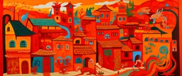 An orangish red village with a fiery dragon palace designed in native American petroglyphs painted by Stuart Davis